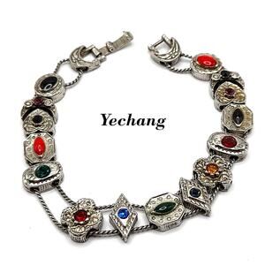Vintage Yechang Sliding Charm Bracelet, Multicolored Stones, Silver Tone, 7.5 In